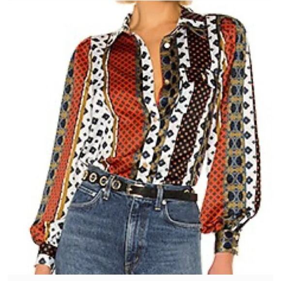 House of Harlow 1960 x Revolve Glenn Blouse in Ivory Pajama Print Long Sleeve XS - Picture 2 of 10